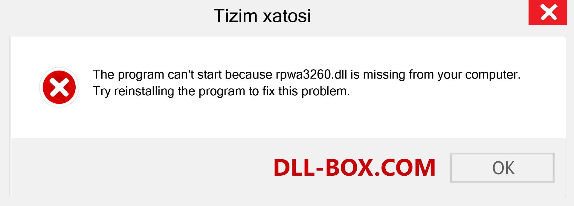 rpwa3260.dll fayli yo'qolganmi?. Windows 7, 8, 10 uchun yuklab olish - Windowsda rpwa3260 dll etishmayotgan xatoni tuzating, rasmlar, rasmlar